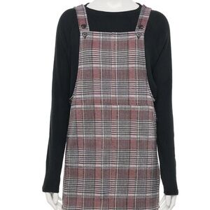 Juniors Button Strap Plaid Pinafore Dress Brown So brand size L